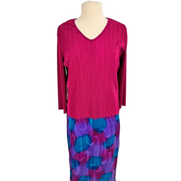 Rare Vintage Aliki Yamani Two-Piece Fuchsia Knit Top & Abstract Purple/Blue Midi - Picture 3 of 7